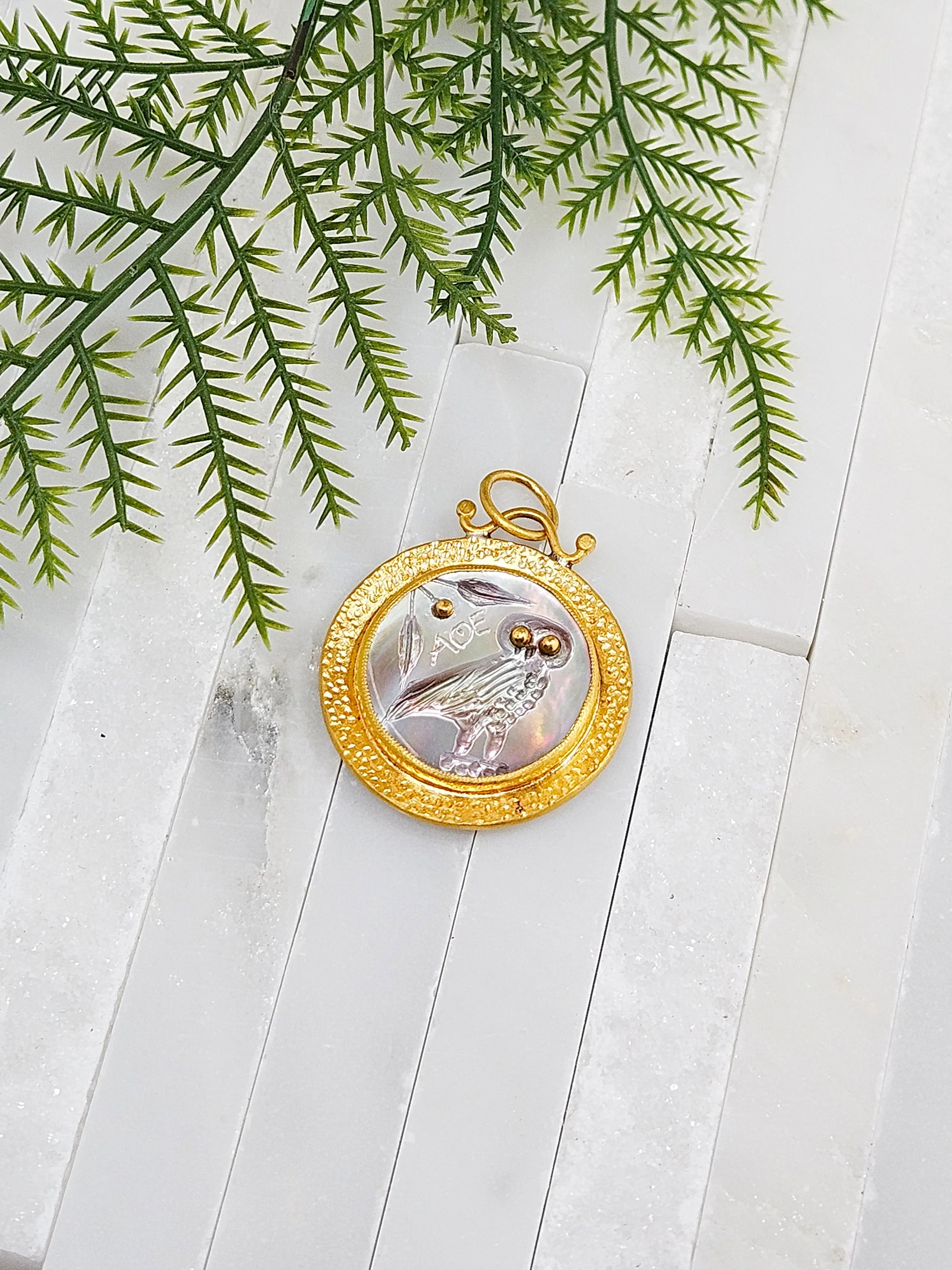 24K Gold Mother of Pearl Pendant with Silver - Owl of Athena