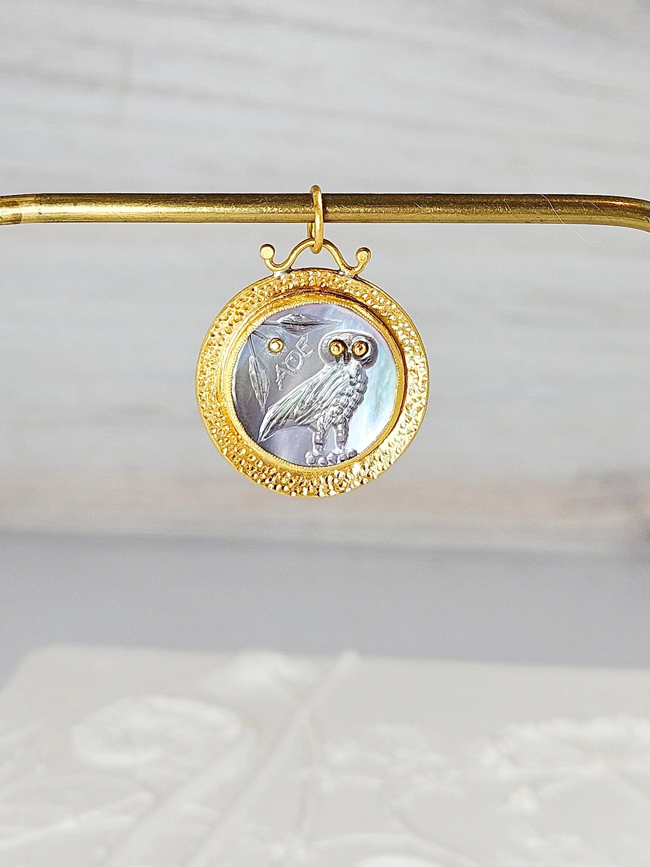 24K Gold Mother of Pearl Pendant with Silver - Owl of Athena