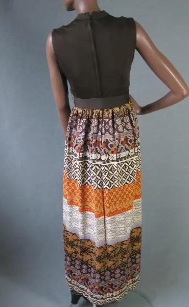 60s Maxi Dress Vintage Tribal Print 70s Women's Boho Dress Small to Medium VFG