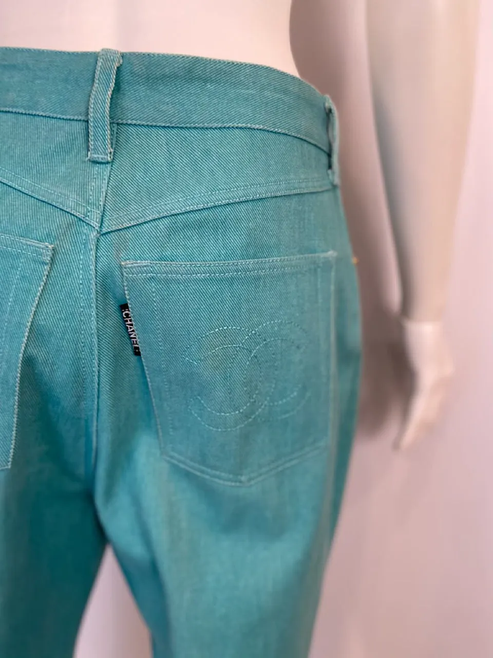 92P, 1992 Spring Chanel Green Denim 2 piece Jacket Pant Suit Oversized FR 34 US 4/6/8