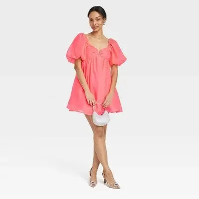 A New Day Women's Short Balloon Sleeves Sweetheart Neck Babydoll Dress