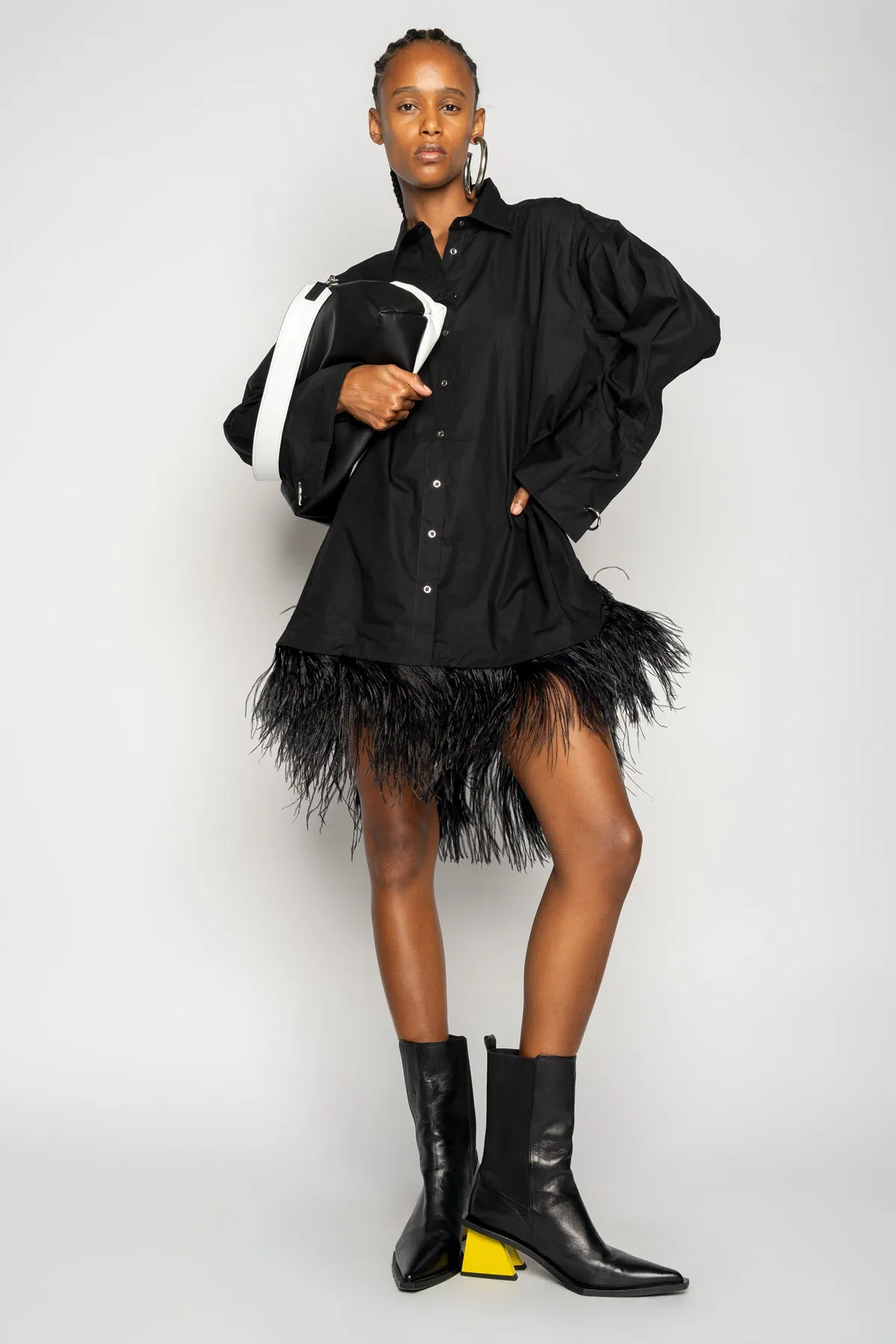 BLACK FEATHER HEM SHIRT DRESS