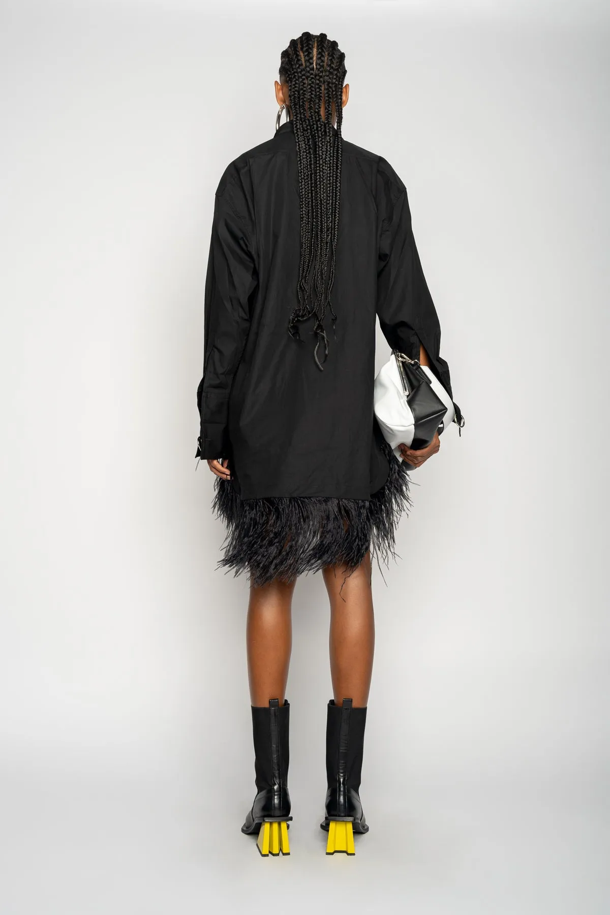 BLACK FEATHER HEM SHIRT DRESS