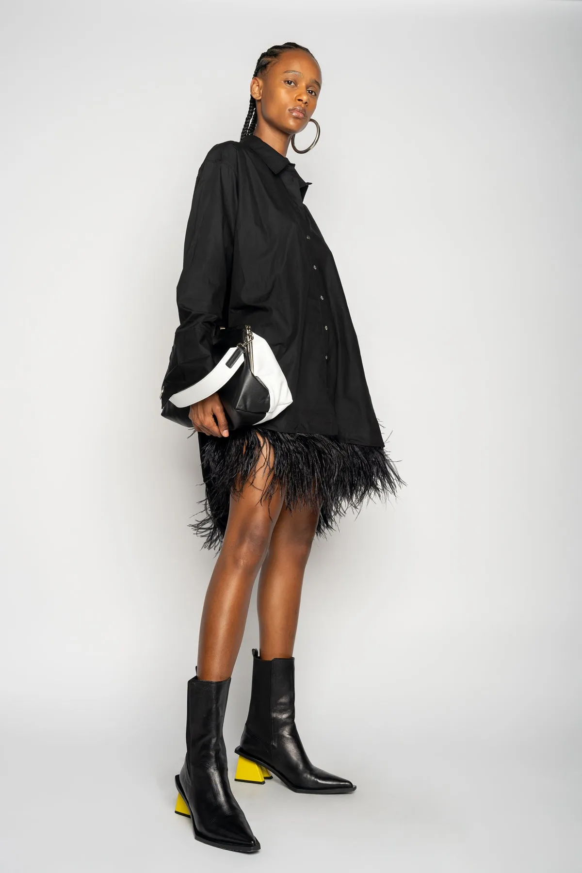 BLACK FEATHER HEM SHIRT DRESS