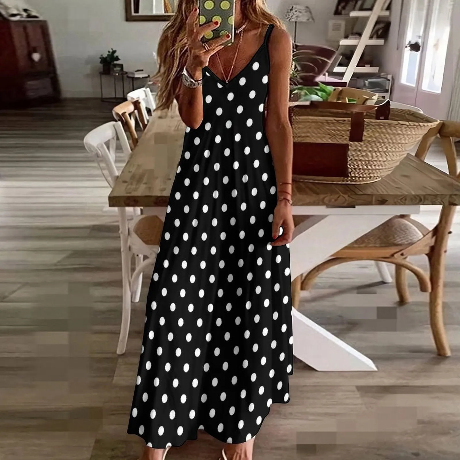 Black With White Polka Dots Women's Summer Slip Long Dress