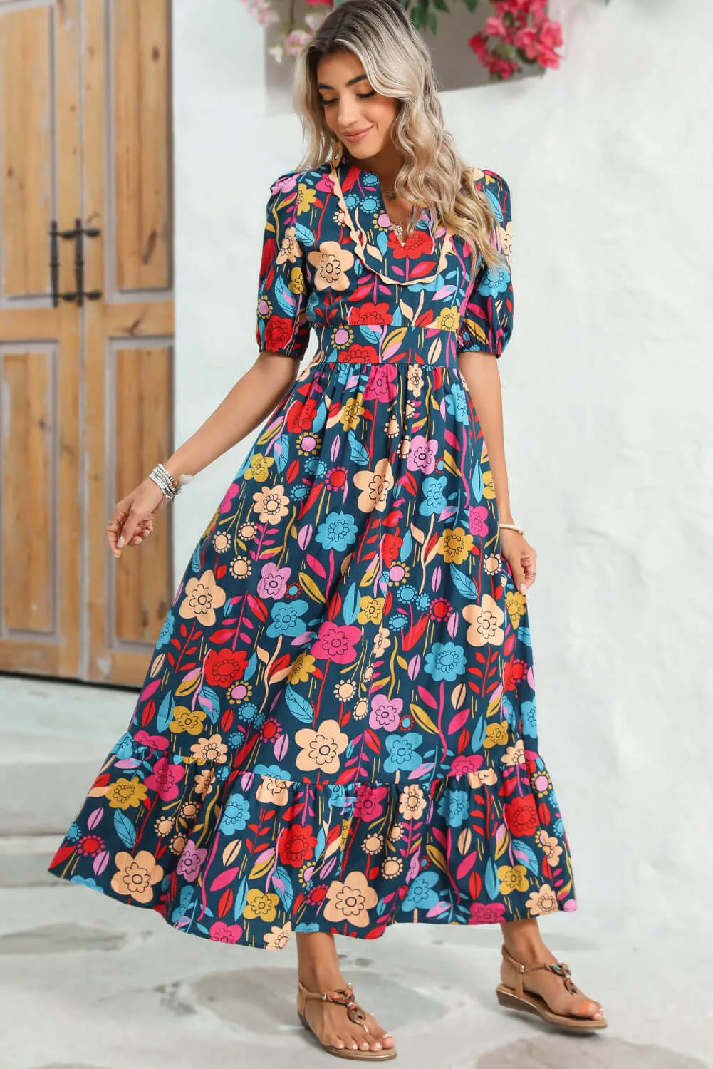 Blossom Beauty: Split V Neck Maxi Dress with Puff Sleeves