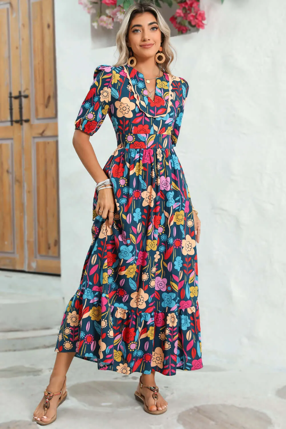 Blossom Beauty: Split V Neck Maxi Dress with Puff Sleeves