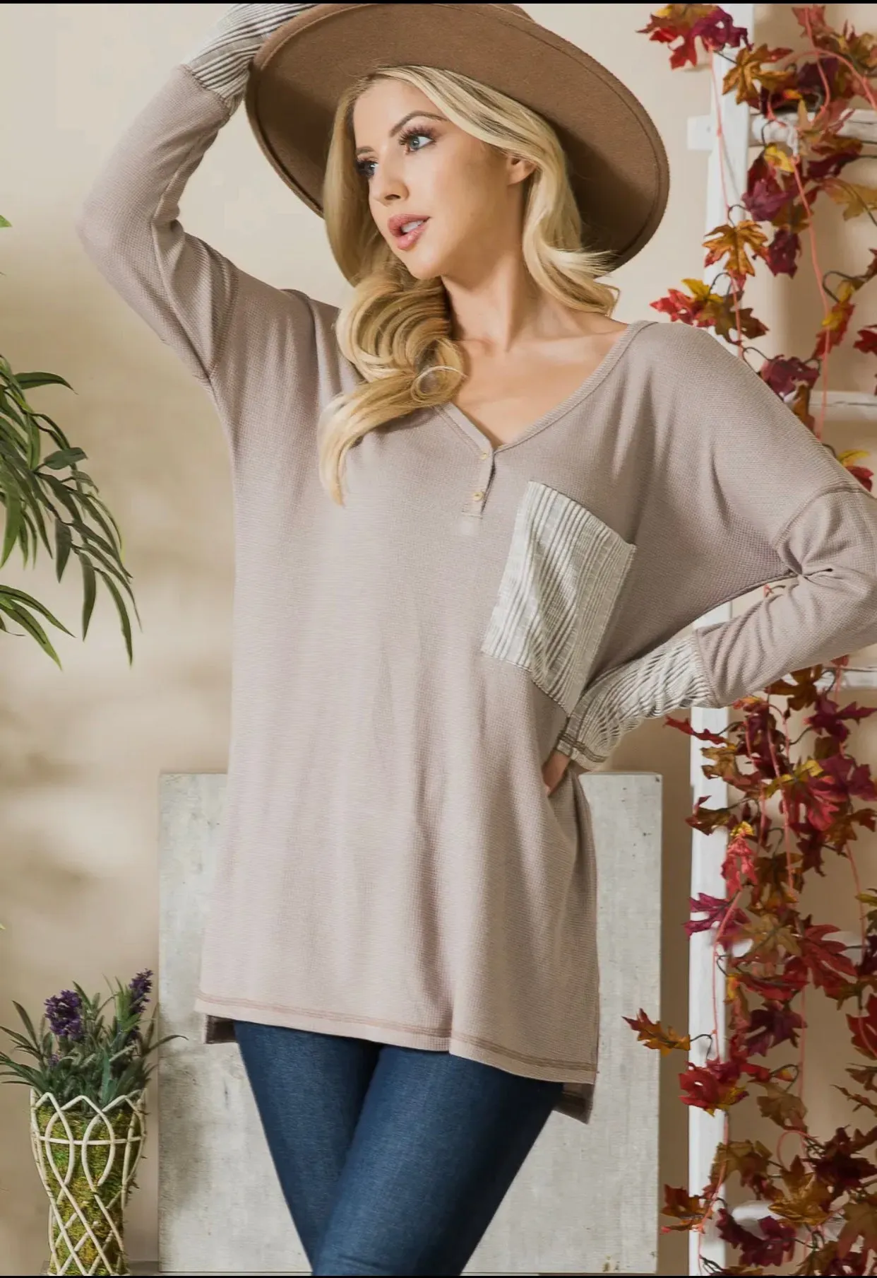 Blouse - Taupe Combo Reversed Switched Oversized Hi Low Tunic