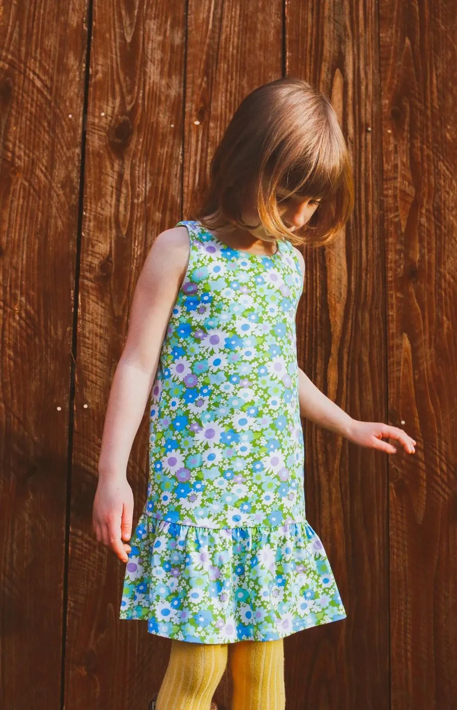 Blue And Green Flower Power Drop Waist Dress For Babies, Toddler And Girls