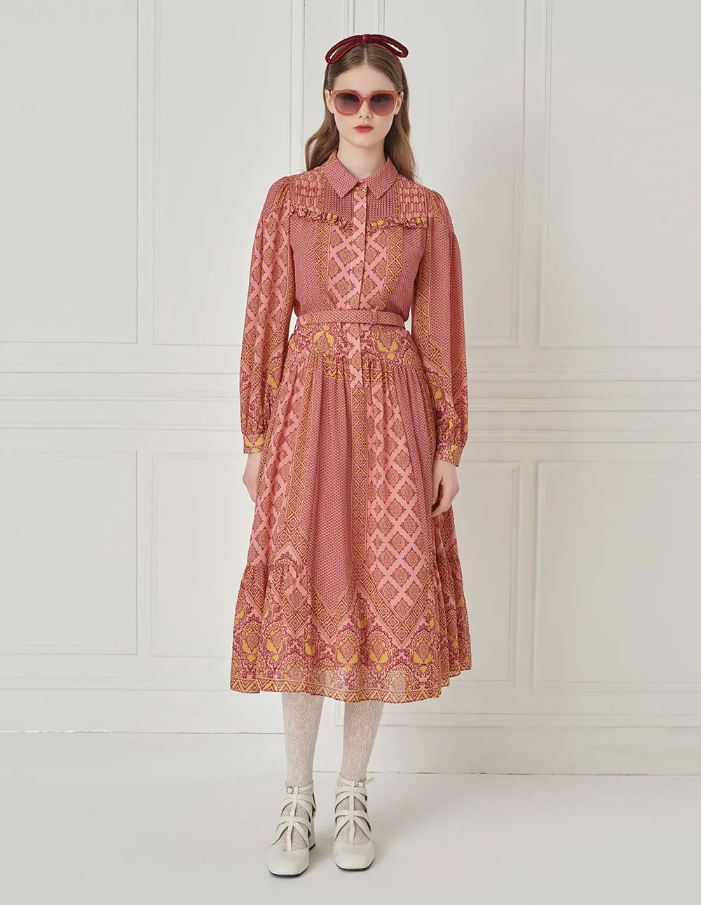 BORA AKSU Bohemian-Chic Patterned Midi Shirt Dress With Belt