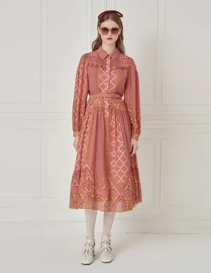 BORA AKSU Bohemian-Chic Patterned Midi Shirt Dress With Belt