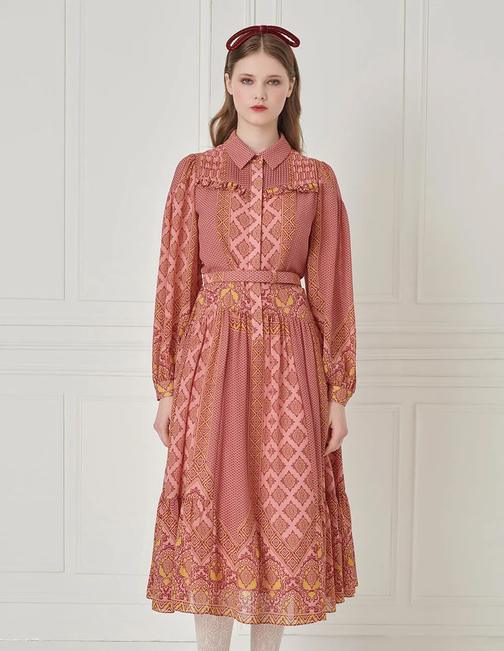 BORA AKSU Bohemian-Chic Patterned Midi Shirt Dress With Belt