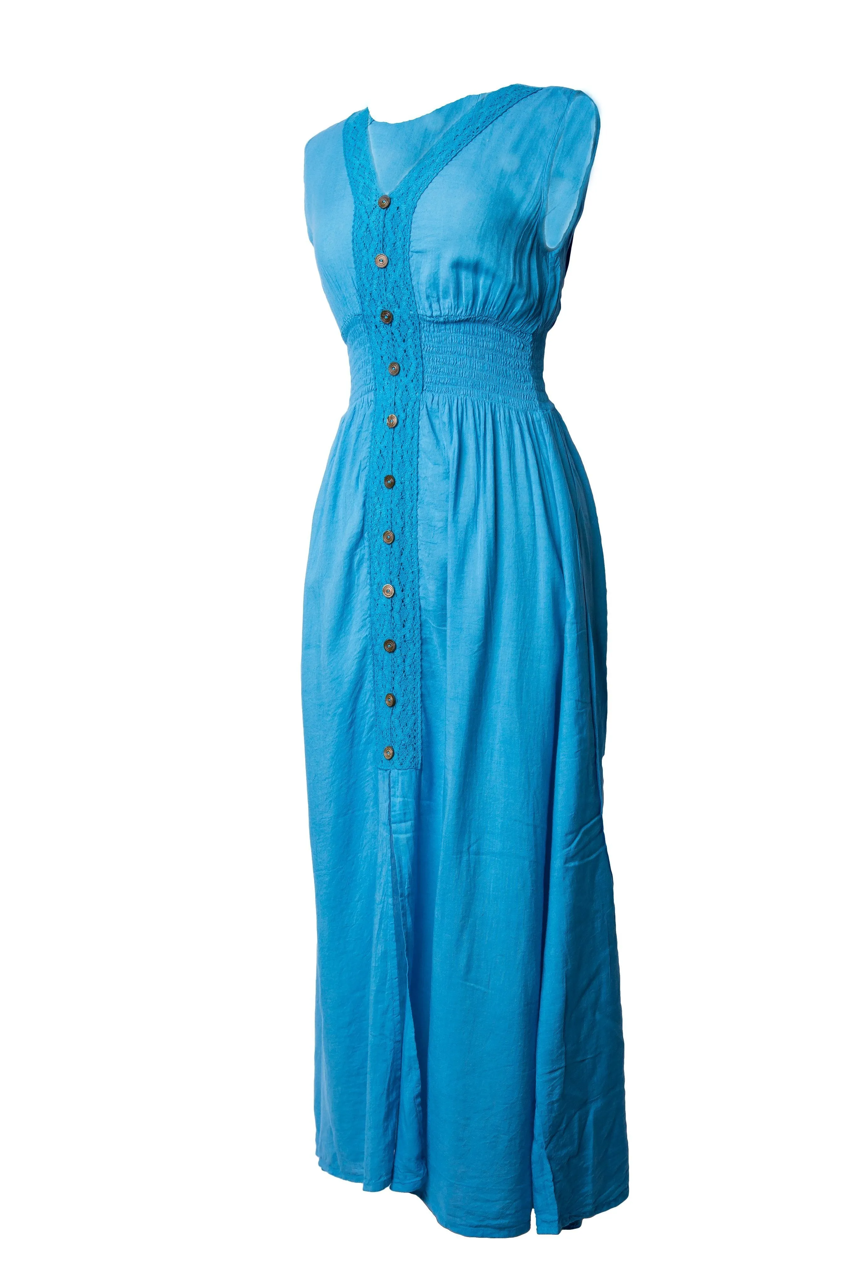 Cotton Maxi Dress Smocked Waist V Neck Wood Button