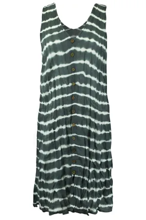 Cotton Sleeveless Tunic Dress Wood Button Stripe Tie Dye