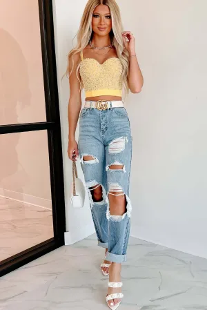 Destroyed Ripped Knee High Waist Straight Leg Denim Jeans