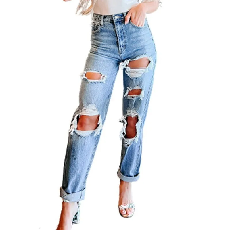 Destroyed Ripped Knee High Waist Straight Leg Denim Jeans