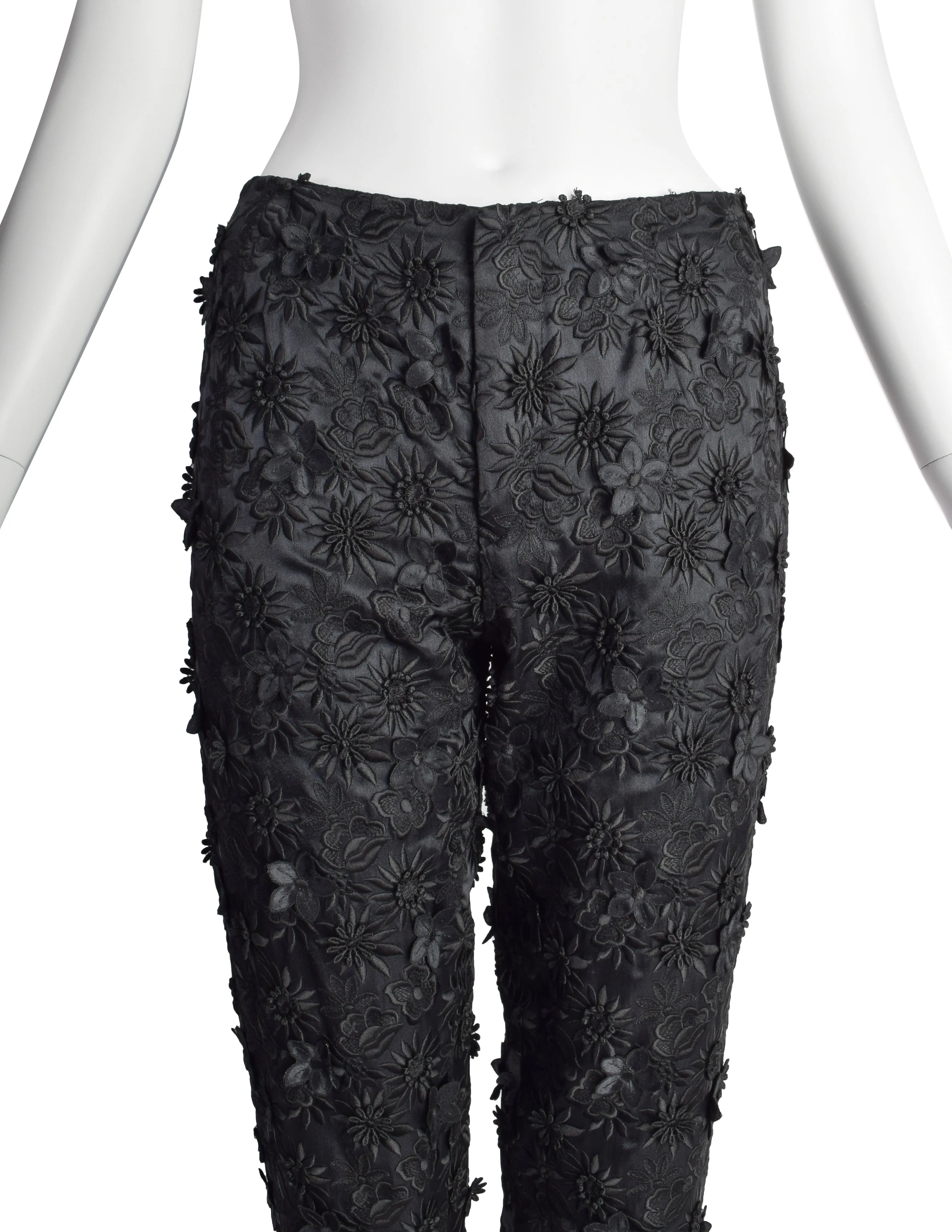 Dirk Bikkembergs Vintage Black Embroidered Floral Applique Satin High Waist Pants