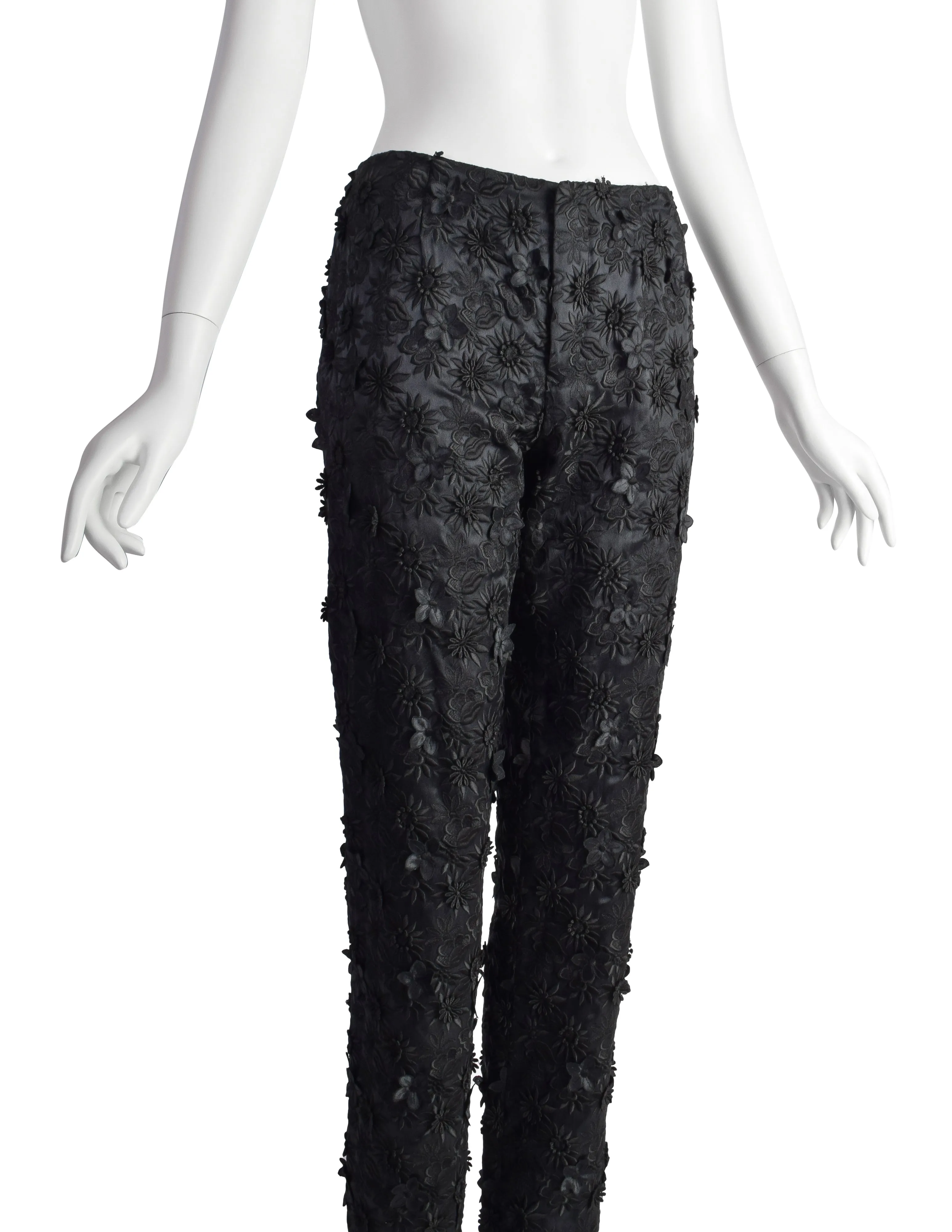 Dirk Bikkembergs Vintage Black Embroidered Floral Applique Satin High Waist Pants