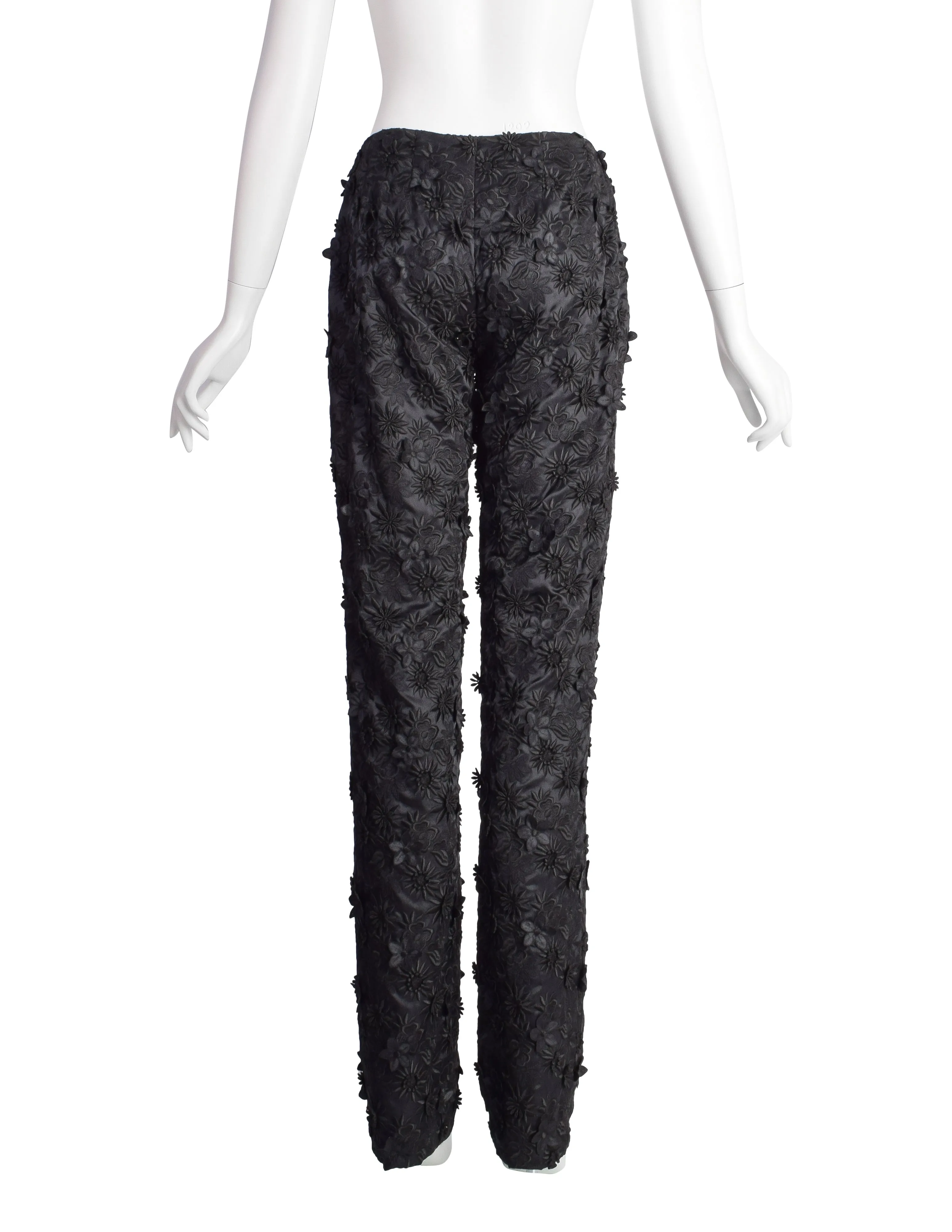 Dirk Bikkembergs Vintage Black Embroidered Floral Applique Satin High Waist Pants