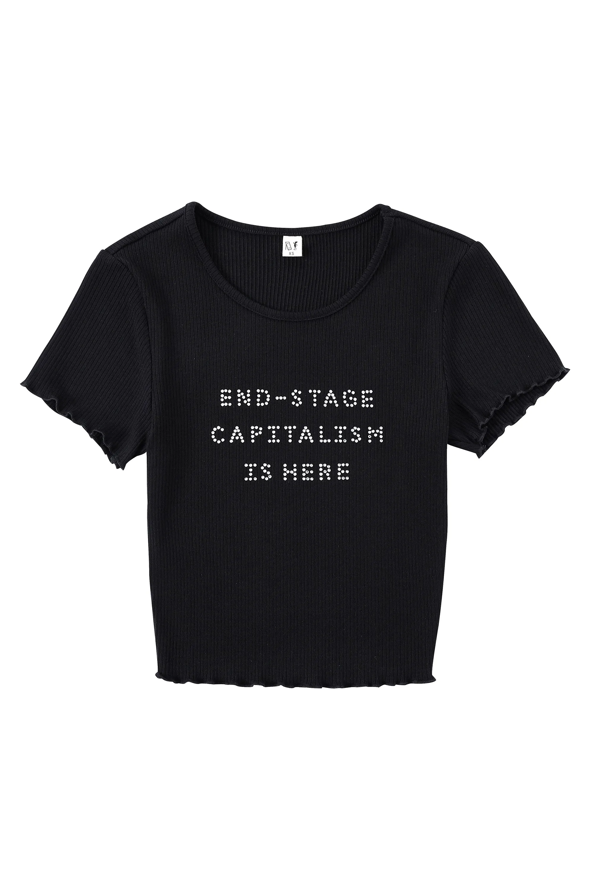 END STAGE Black Lettuce Hem Tencel Rip Crop Tee