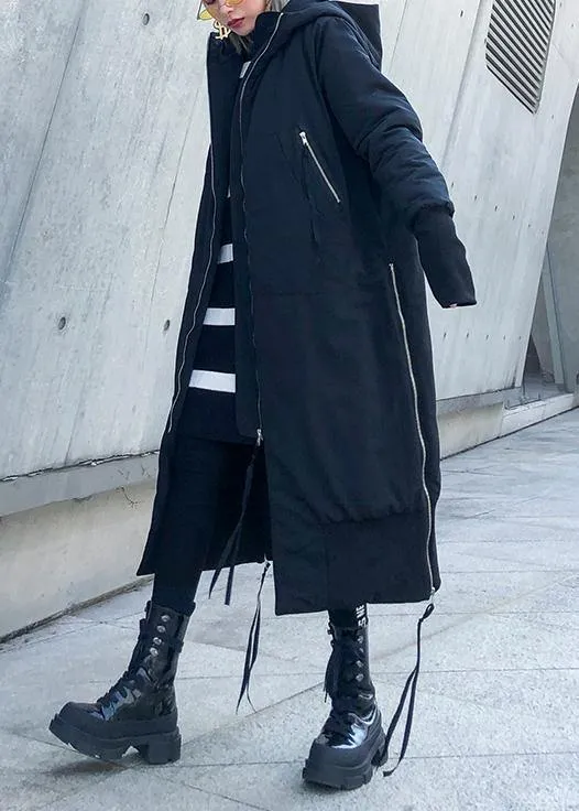 Fine black winter parkas oversize hooded zippered winter coats