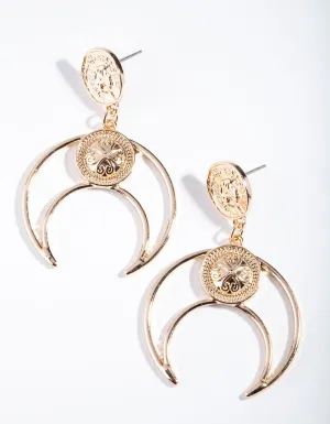 Gold Coin Crescent Moon Earrings