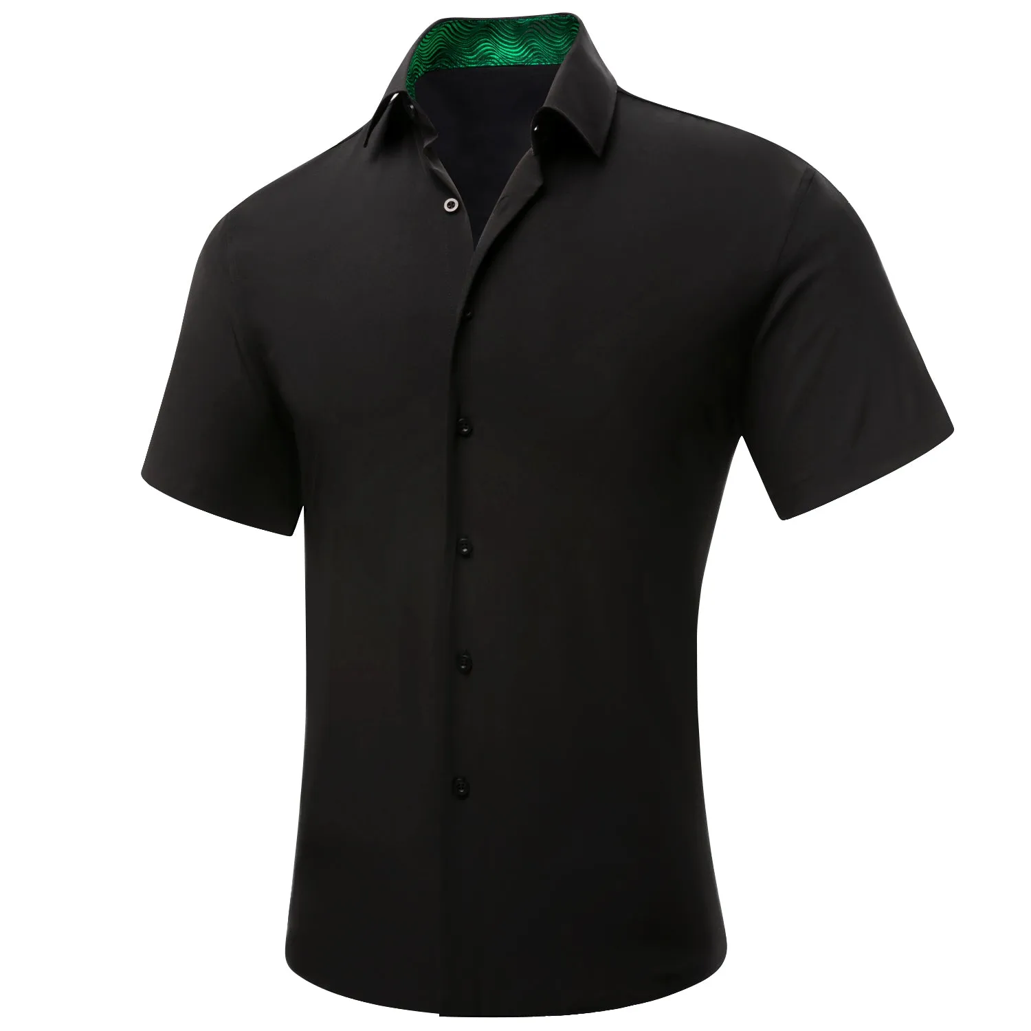 Hi-Tie Black Solid with Green Collar Silk Men's Short Sleeve Shirt