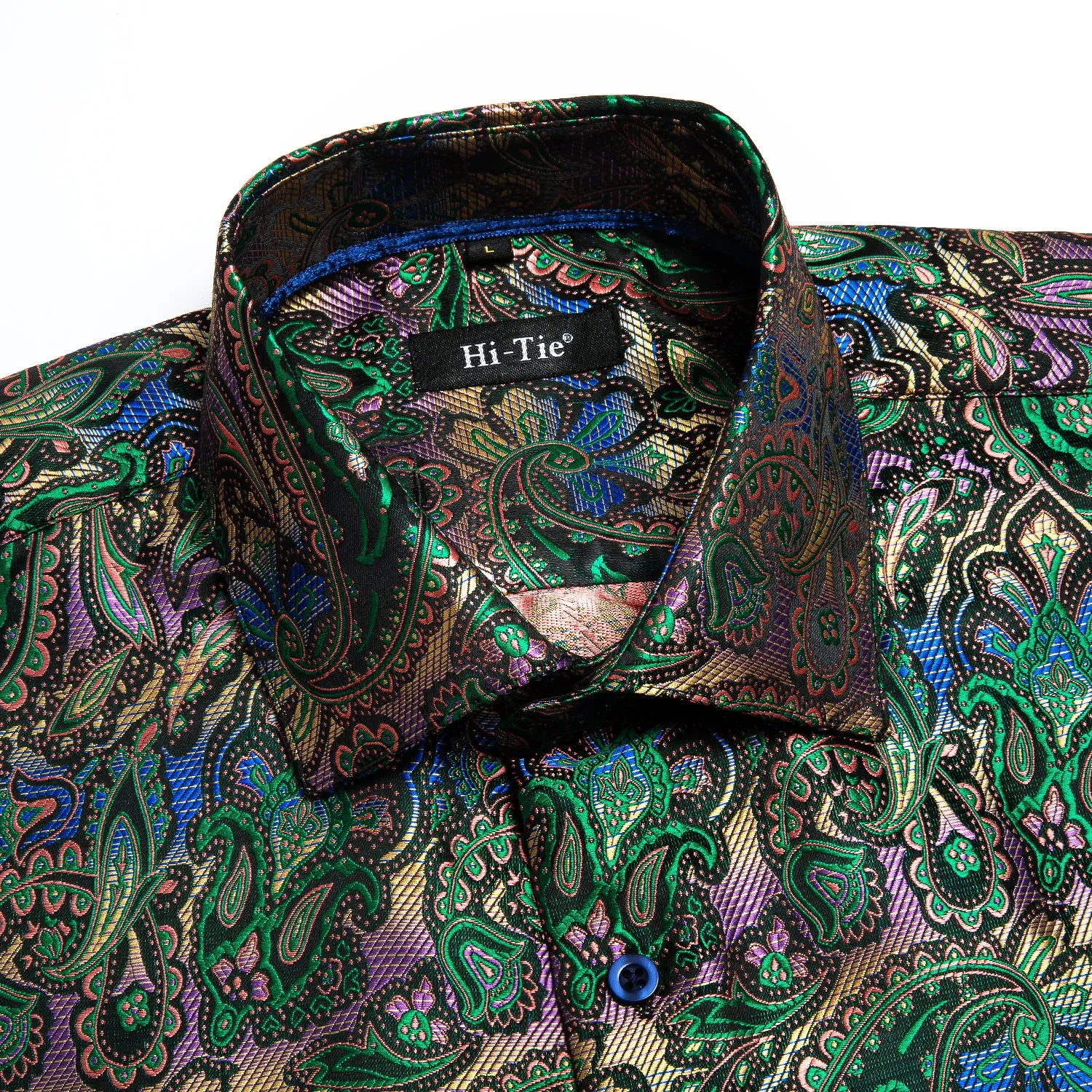 Hi-Tie Green Blue Paisley Shirt Long Sleeve Shirt