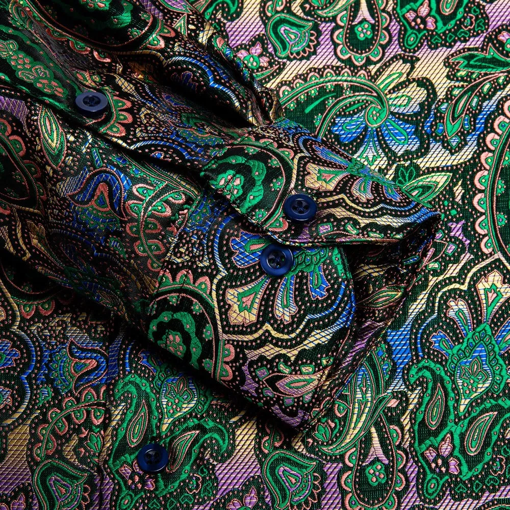 Hi-Tie Green Blue Paisley Shirt Long Sleeve Shirt