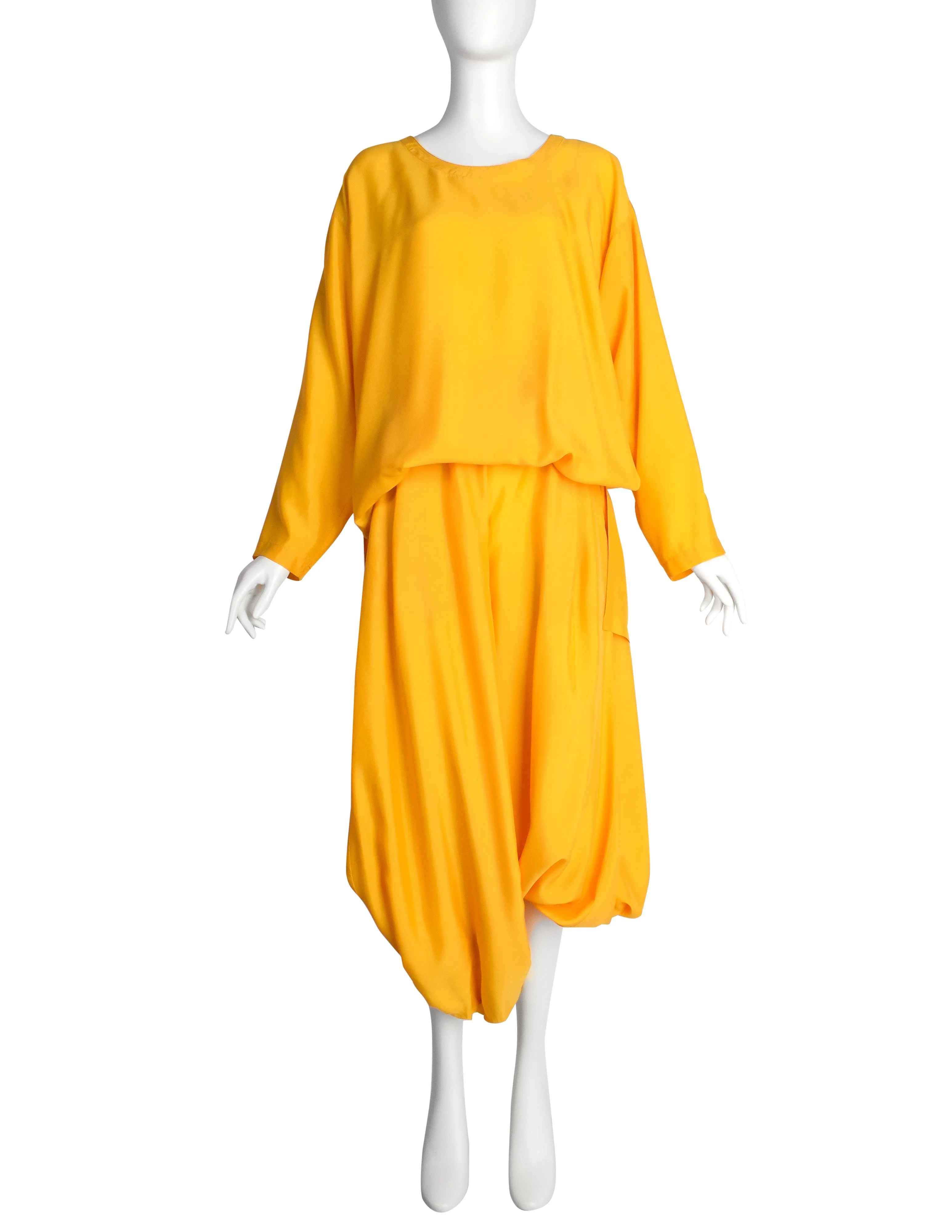 Issey Miyake Vintage 1980s Yellow Silk Oversized Top and Harem Pant Ensemble Set