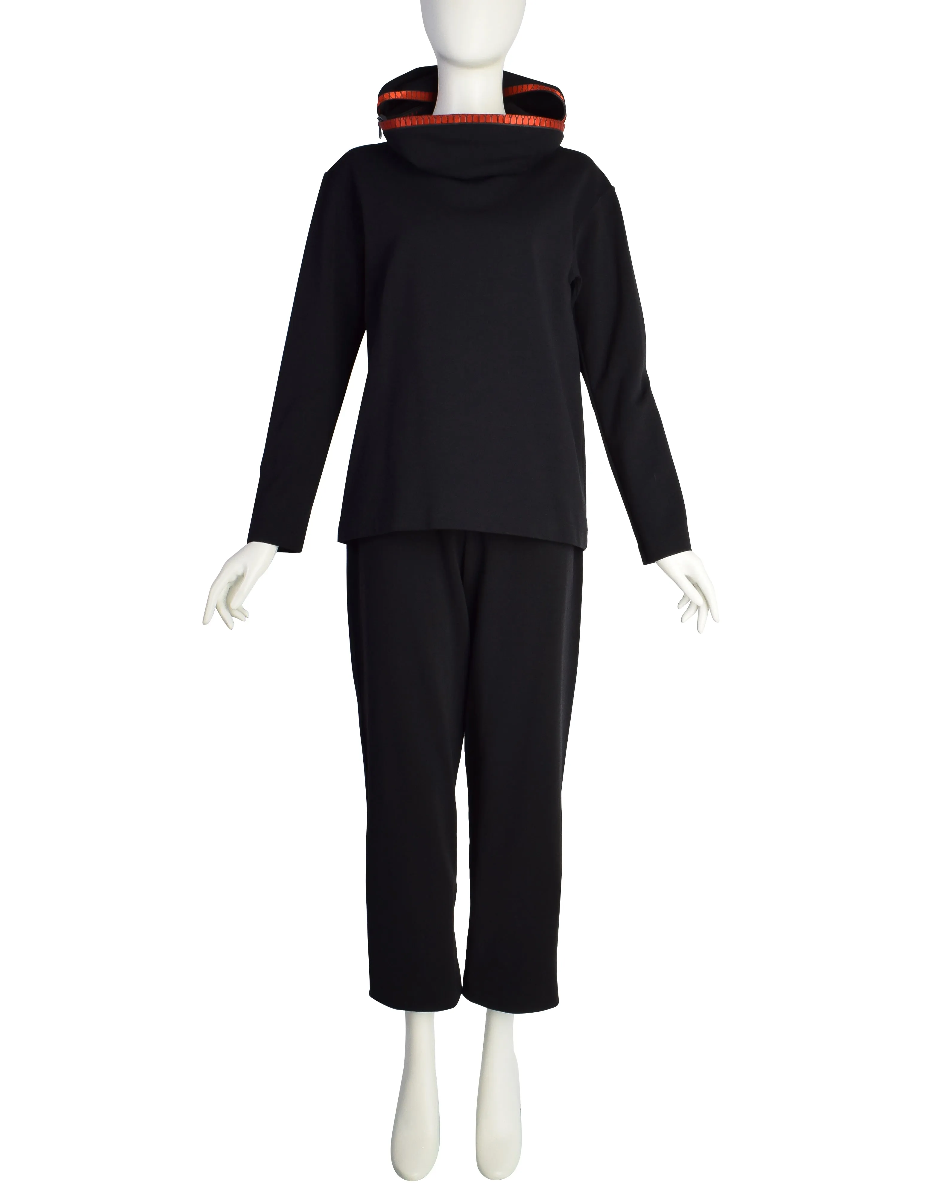 Issey Miyake Vintage AW1991 Iconic Black and Red Zipper Hood Face Top and Pants Ensemble Set