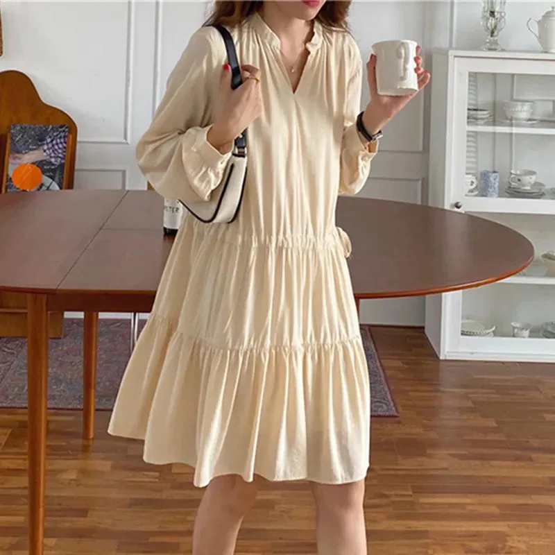 Joskka  New Women Spring Summer Shirt Dresses Bohemian Elegant High Waist Vintage Korean Style Drawstring Lady Long Dress