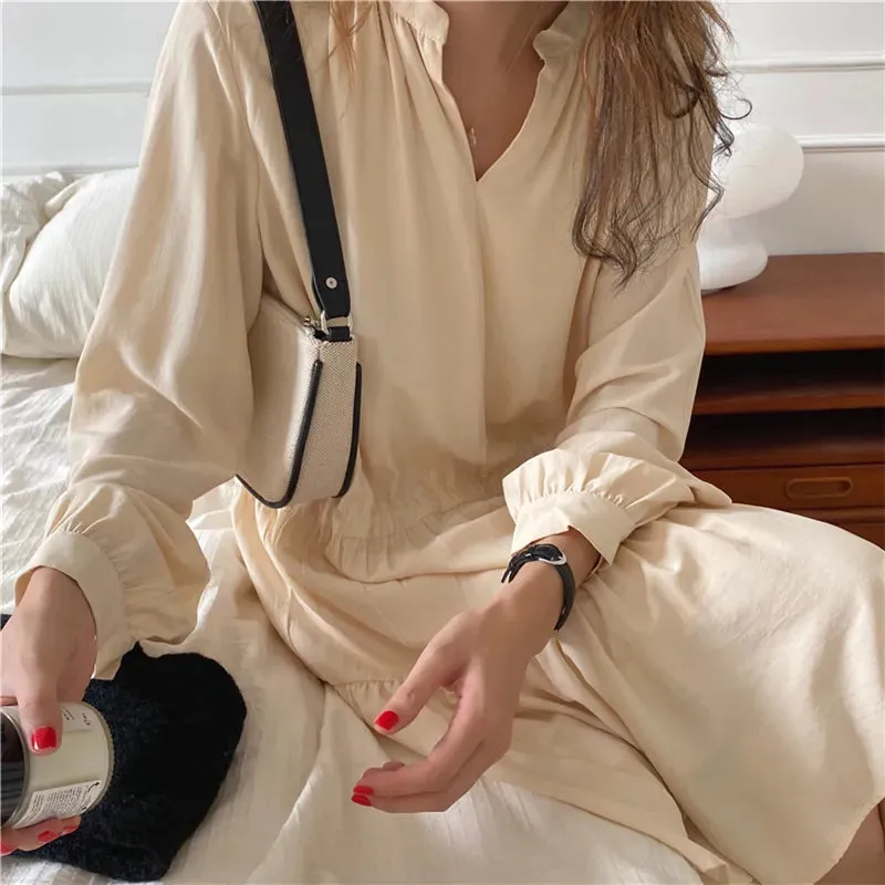 Joskka  New Women Spring Summer Shirt Dresses Bohemian Elegant High Waist Vintage Korean Style Drawstring Lady Long Dress