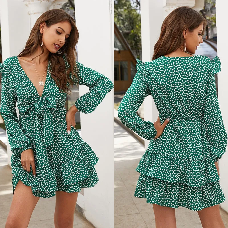 KittenAlarm - Deep V Neck floral print Vintage Bohemian Ruffle Hem Shirt Dress