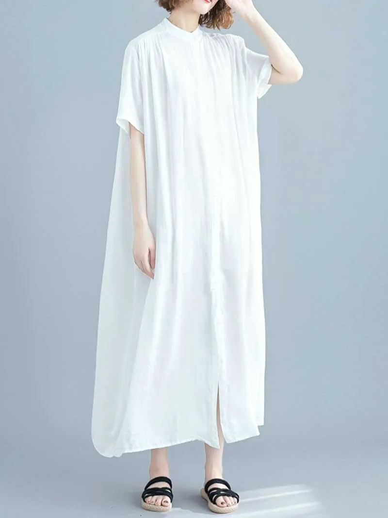 Long Cotton Front Button Cotton Shirt Dress (White - Black - Grey- Apricot)