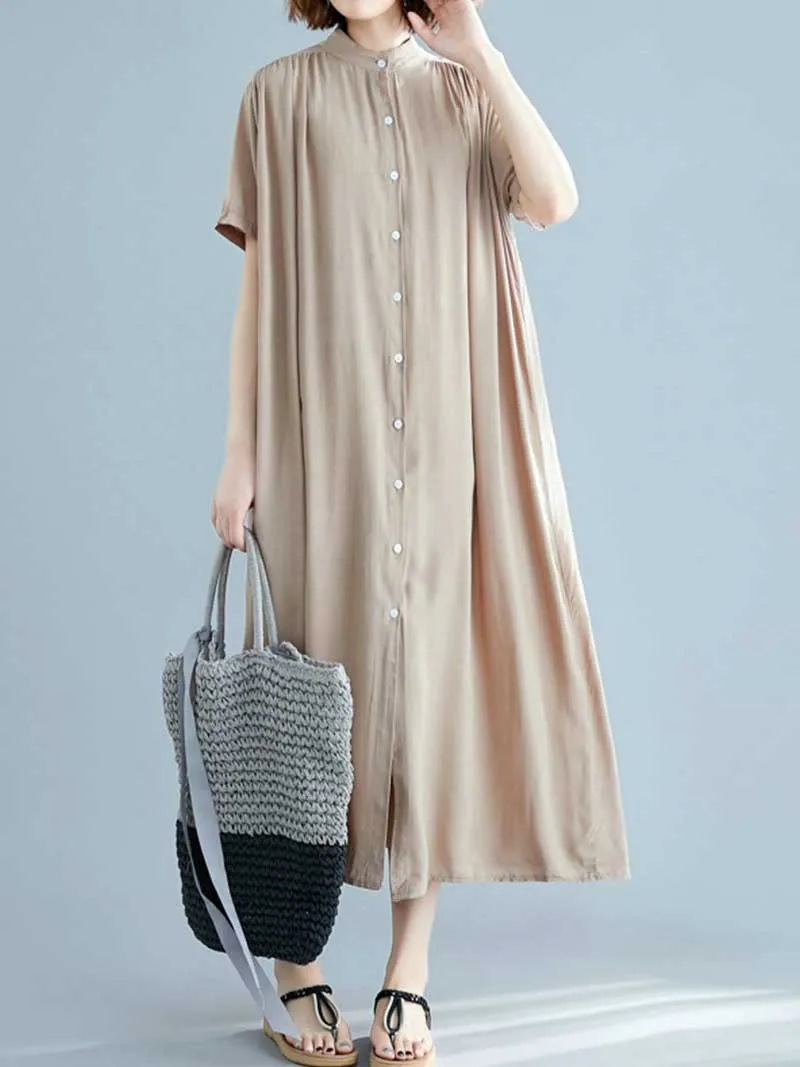 Long Cotton Front Button Cotton Shirt Dress (White - Black - Grey- Apricot)