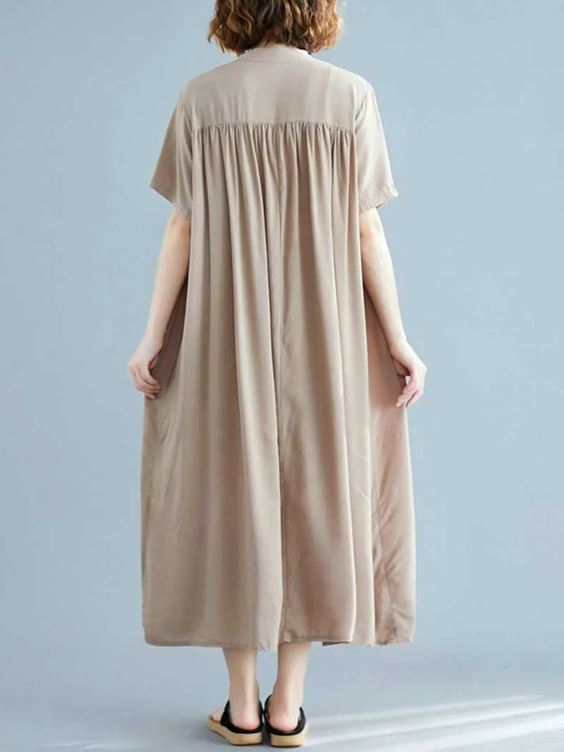 Long Cotton Front Button Cotton Shirt Dress (White - Black - Grey- Apricot)