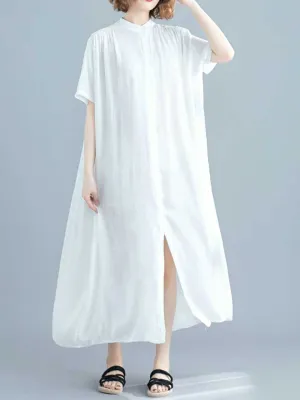 Long Cotton Front Button Cotton Shirt Dress (White - Black - Grey- Apricot)