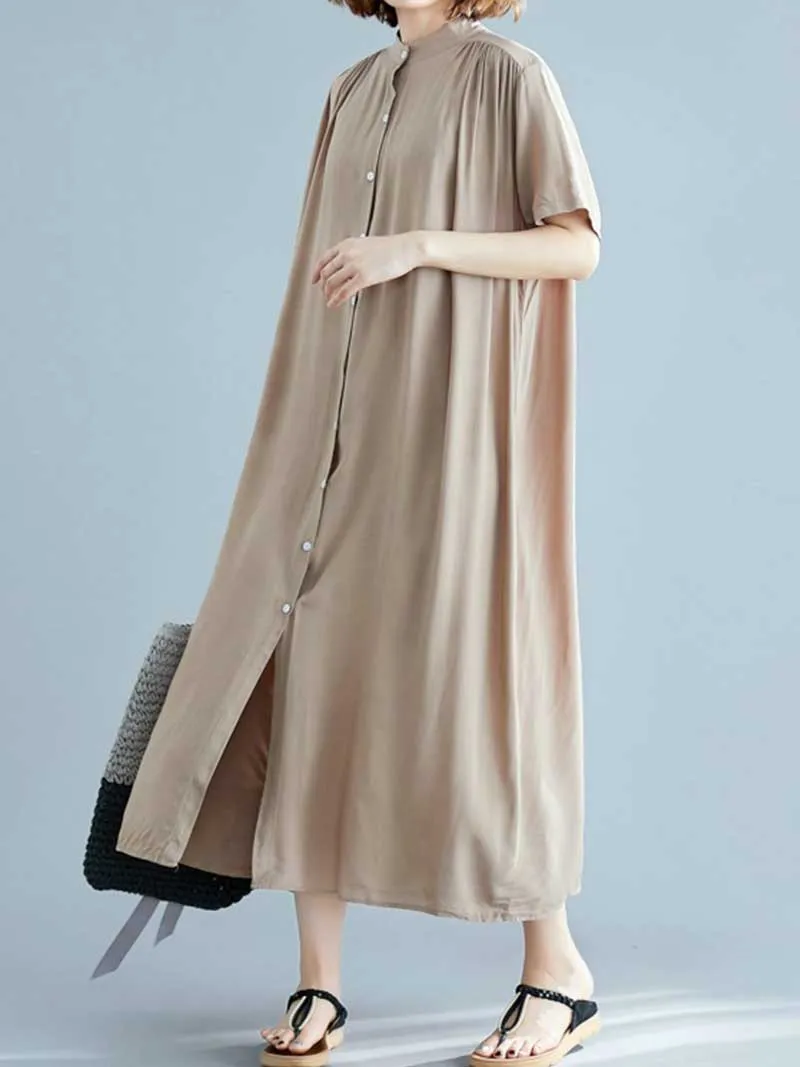 Long Cotton Front Button Cotton Shirt Dress (White - Black - Grey- Apricot)