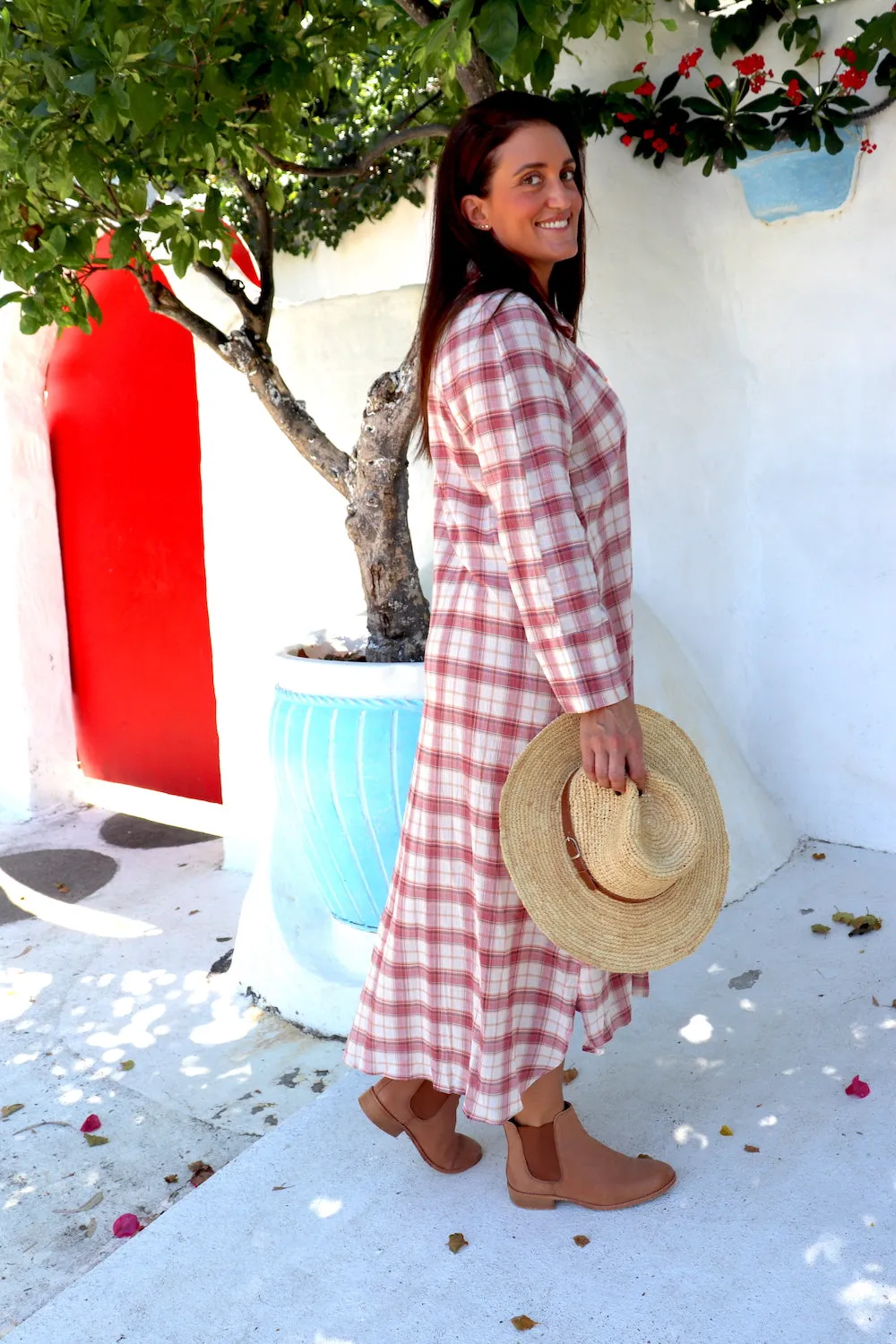 Long Shirt Dress in Red Check