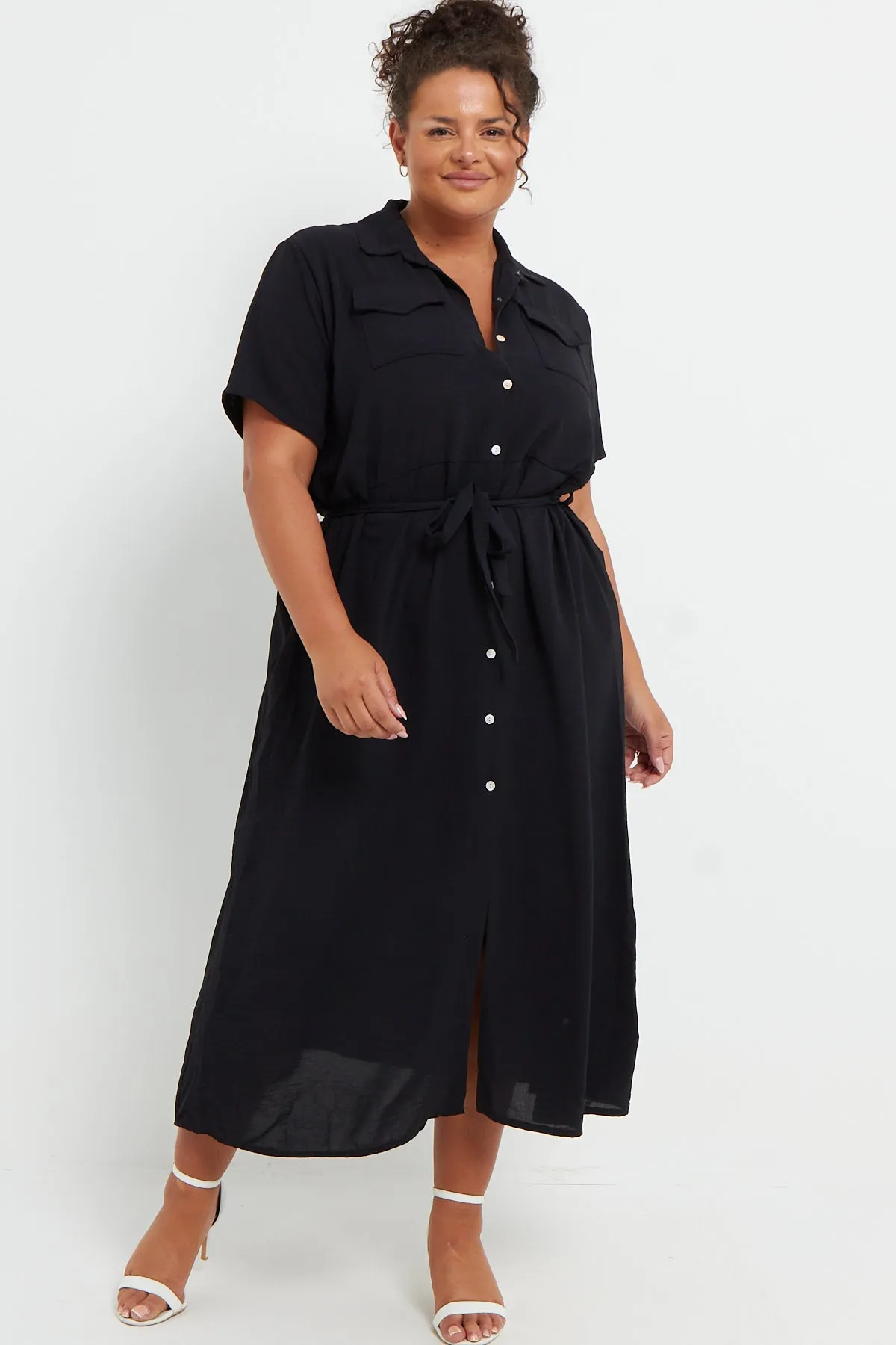 Luca PLUS SIZE Black Button Through Tie Waist Shirt Midi Dress With Pockets