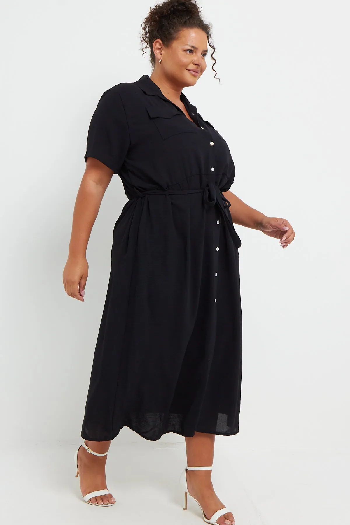 Luca PLUS SIZE Black Button Through Tie Waist Shirt Midi Dress With Pockets