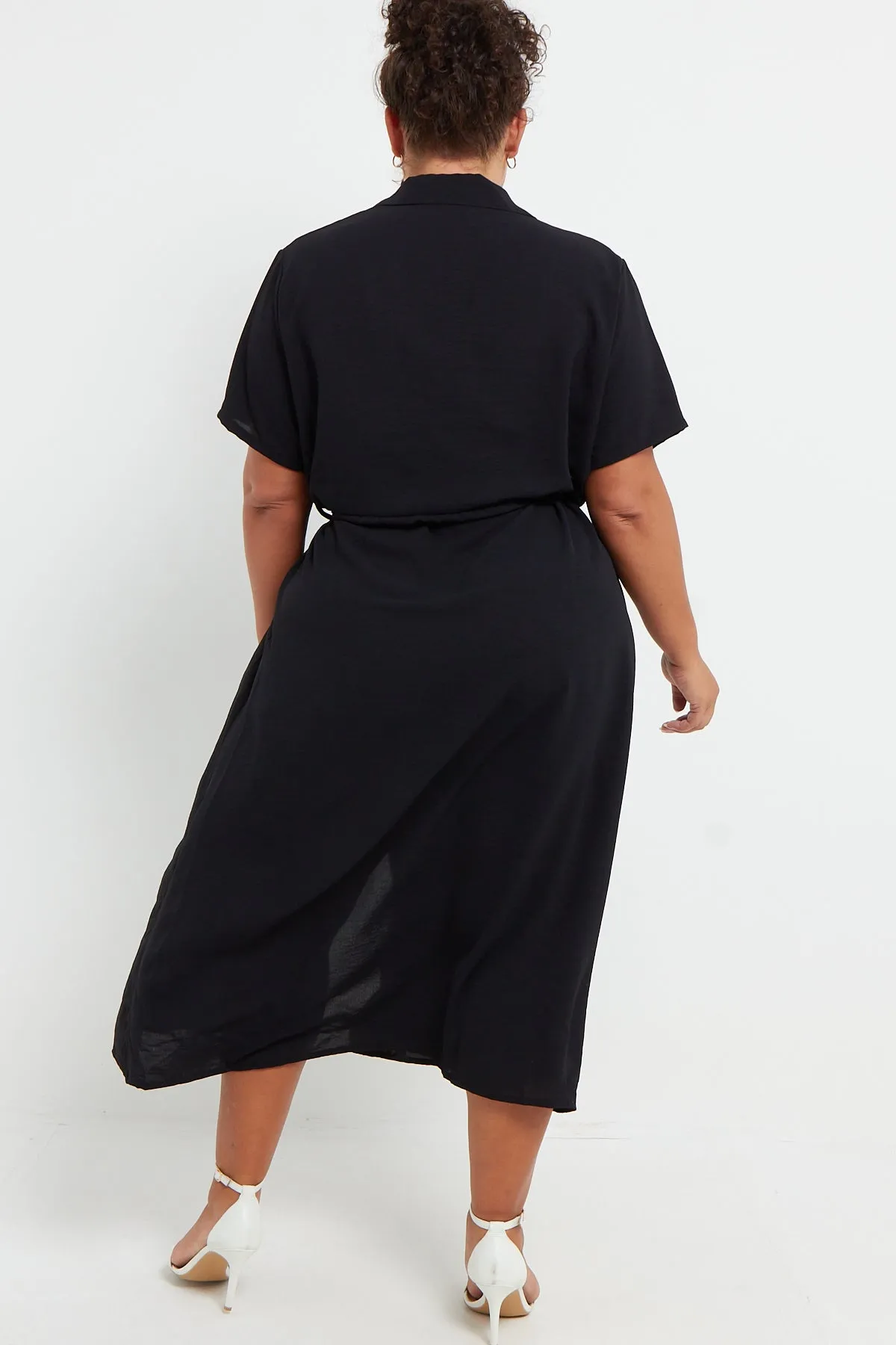 Luca PLUS SIZE Black Button Through Tie Waist Shirt Midi Dress With Pockets