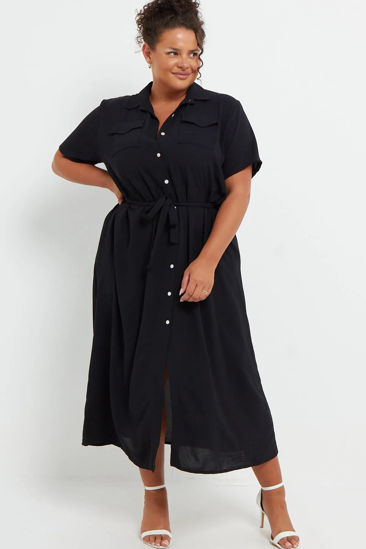 Luca PLUS SIZE Black Button Through Tie Waist Shirt Midi Dress With Pockets