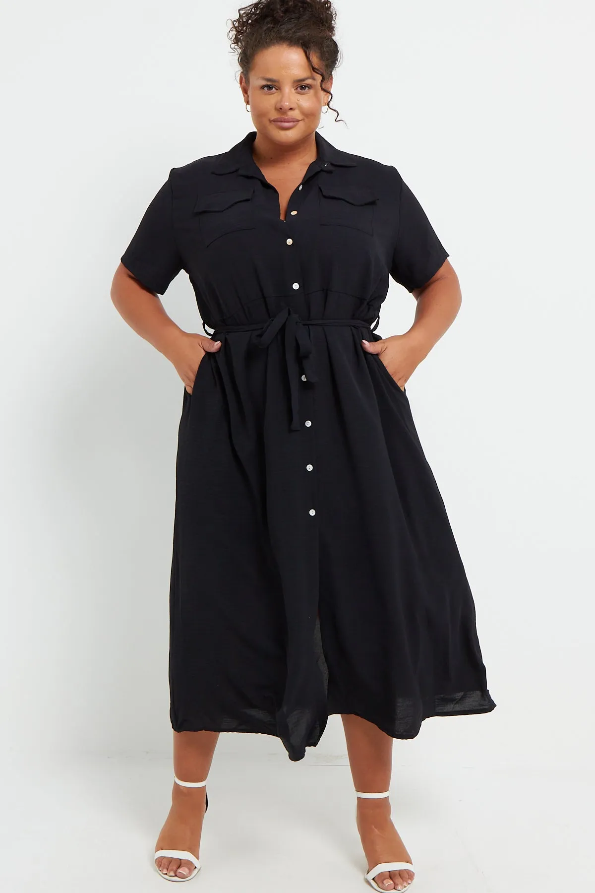 Luca PLUS SIZE Black Button Through Tie Waist Shirt Midi Dress With Pockets