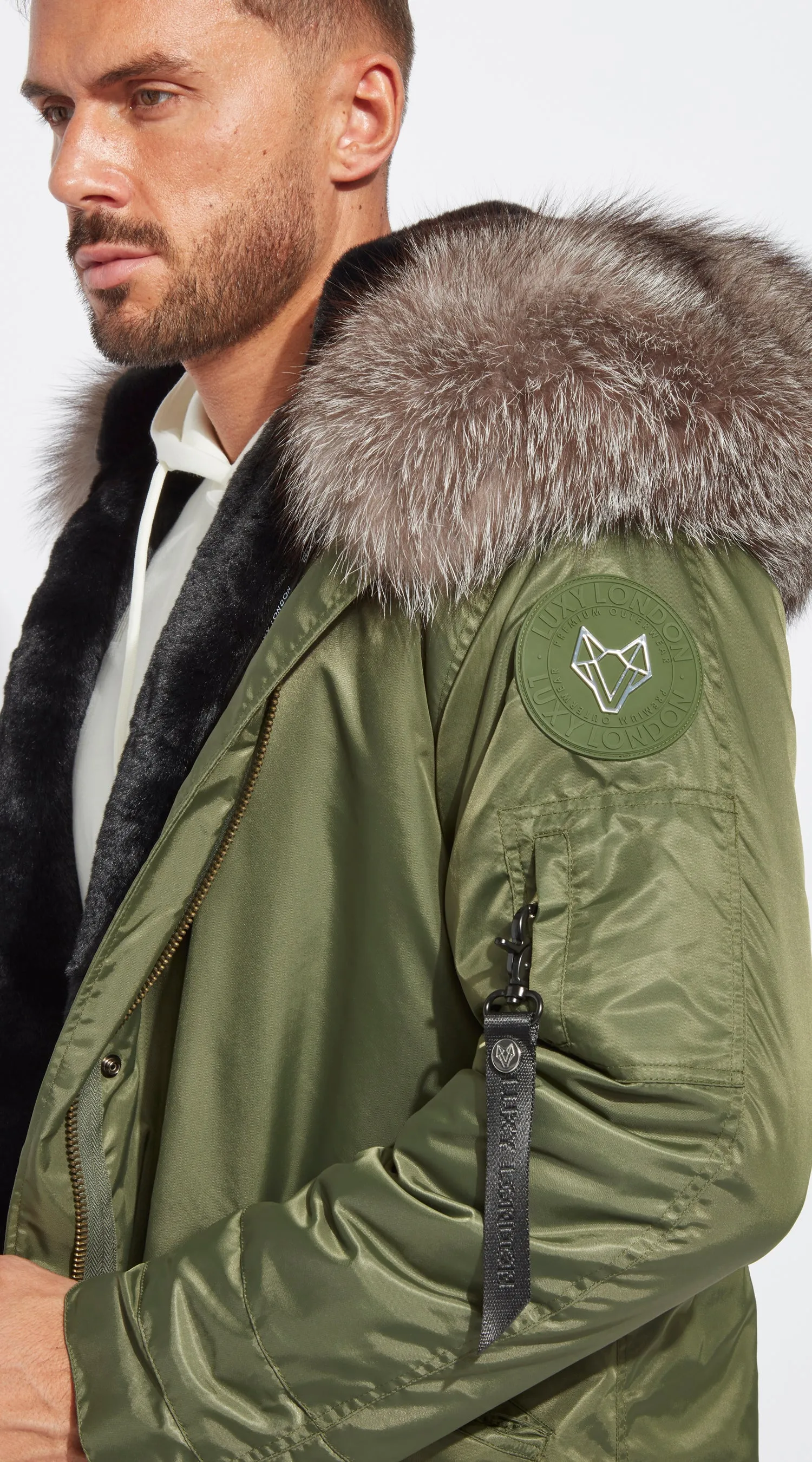 Mens Khaki Water-Repellent Luxy Fur Parka - 3/4 Silver Frost Fox