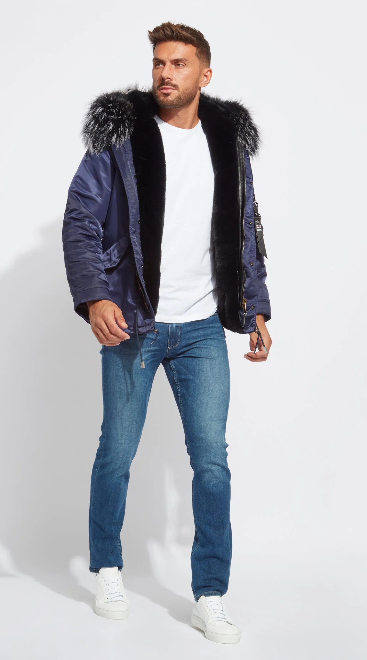 Mens Navy Water-Repellent Luxy Fur Parka - Black Mist