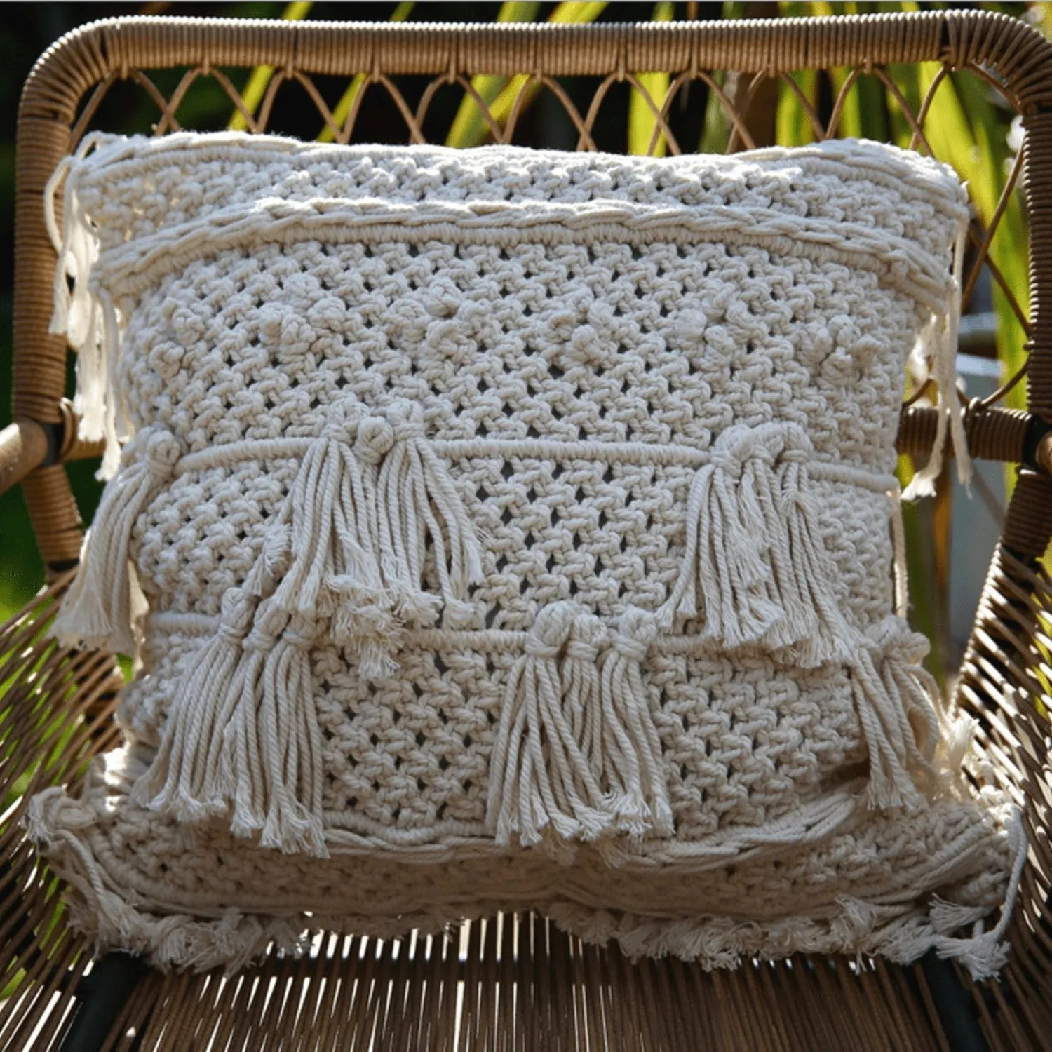 Natural Cotton Macramé Cushion Cover Tassels Fringe Bohemian 45cm