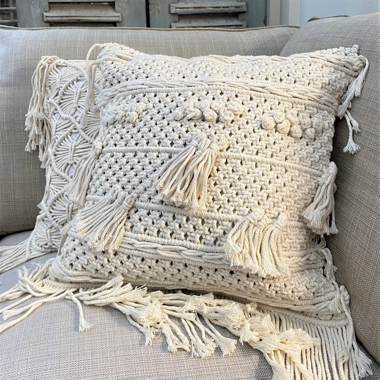 Natural Cotton Macramé Cushion Cover Tassels Fringe Bohemian 45cm