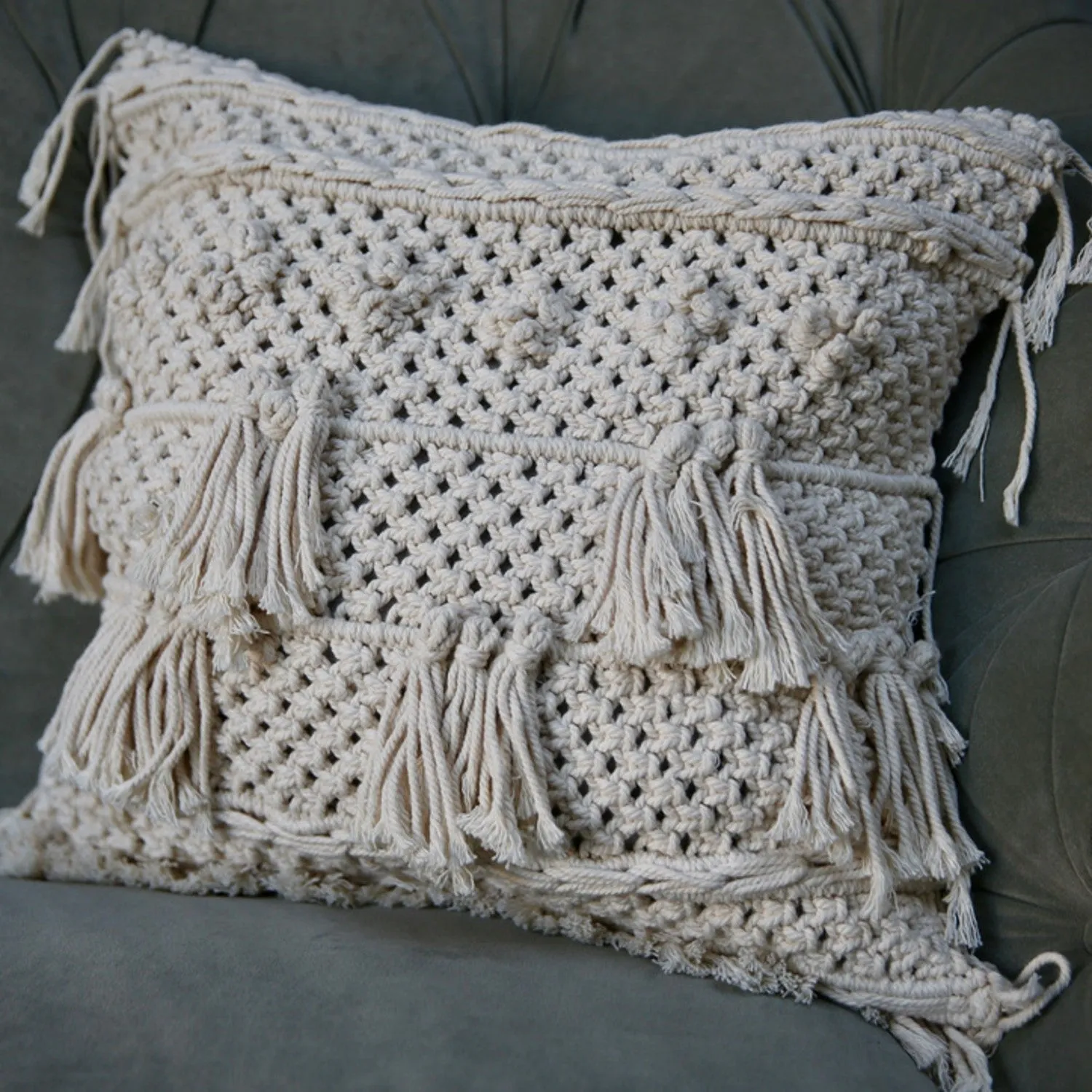 Natural Cotton Macramé Cushion Cover Tassels Fringe Bohemian 45cm